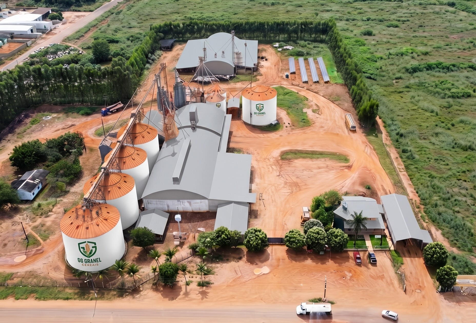 Vista aérea da unidade de recebimento da GG Granel Cereais com silos próprios e área de expansão